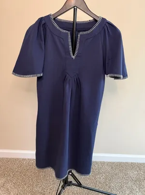 Beaulane Navy Blue Split Neck Contrast Whipstitch Trim Mini Dress with Pockets-S thumbnail 1