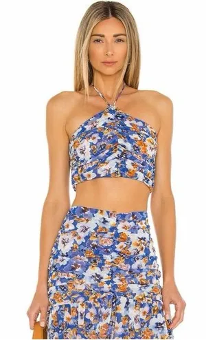 Misa Los Angeles Blue Pansy Selmin Top Blue Floral Halter Crop Top Sz Large thumbnail 1