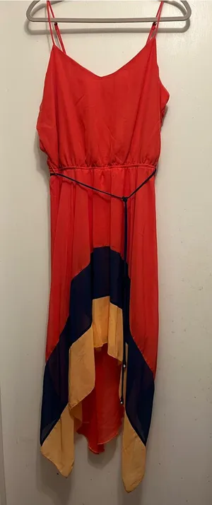 Sleeveless Red Colorblock High-Low Dress with Spaghetti Straps thumbnail 1