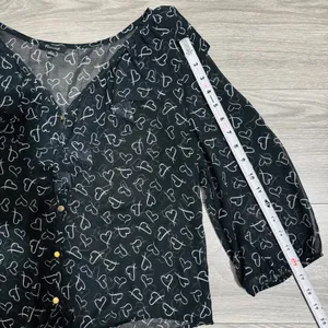 Timing Black Sheer Heart Print Ruffle Tie Front Blouse Top Women Sz L‎ Celestial thumbnail 11