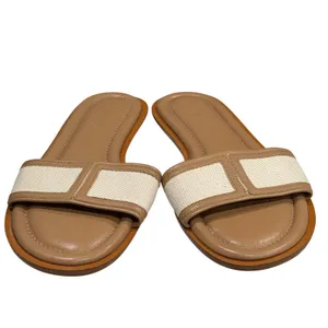 J Crew Slide Sandals Womens 7 Tan Ivory Canvas and Leather Classic Minimalist thumbnail 5