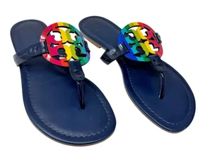 Tory Burch Rainbow Pride Miller Sandals Navy Blue Leather Thong Flat Slides 7M thumbnail 1
