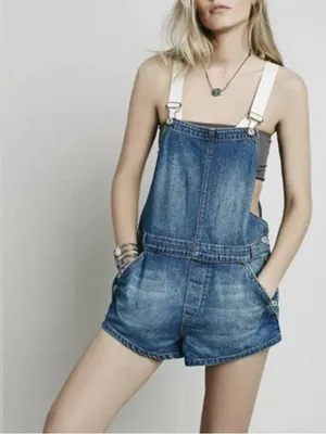 Free People Blue Denim Short Overalls with White Straps thumbnail 1