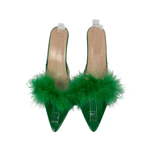 Women's Green Clear Strap Feather Trim Pointed Toe Stiletto Heels Sandals Sz 9.5 thumbnail 2