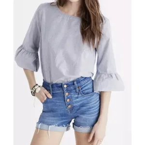 White Birch Madewell Striped Navy & White 3/4 Bell Sleeve Top L 100% Cotton thumbnail 9