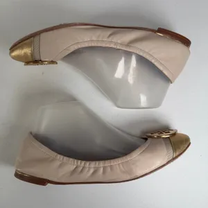 Tory Burch Minnie Womens 8.5 Cap Toe Logo Beige Gold Ballet Flat Slip On Shoe thumbnail 4