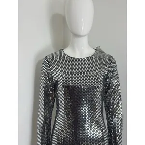 Women’s Silver Sequin Mini Dress Long Sleeve Bodycon Club Cocktail Size M NWT thumbnail 3