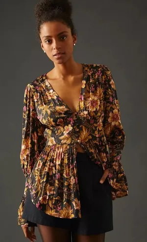 Anthropologie Floral Peplum Blouse V-Neck Button Front Flared Cuff Top Black thumbnail 1