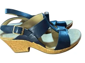CLARKS Womens Size 10 Blue Cork Wedge Platform Leather Sandals Shoes Comfortable thumbnail 2
