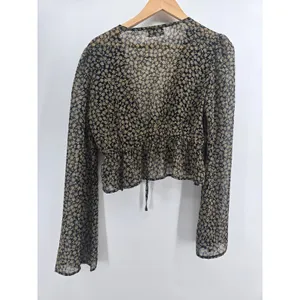 Dress Forum Top Womens L FT6532 Black Beige Floral Tie Front Sheer Crop EUC thumbnail 3