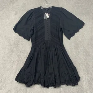 Madewell Dress Size 00 Black Eyelet Flutter Sleeve Mini Dress Cotton Voile NU556 thumbnail 2