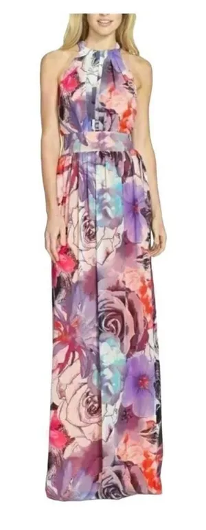 Womens Eliza J Floral Pastel Watercolor Chiffon High Neck Halter Maxi Dress - 2 thumbnail 1