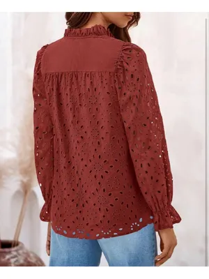 NEW Long Sleeve Button V Neck Hollow Out Lace Embroidered Shirt S thumbnail 2