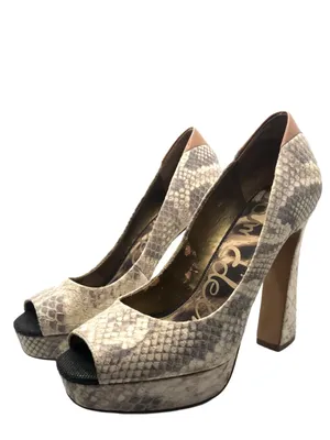 Sam Edelman "Tacoma" Taupe & Brown Leather Snakeskin Print Peep-Toe Heels thumbnail 2