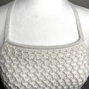 Garage Halter Top Cream Silver Metallic Crochet Open Knit Y2K Boho Festival M thumbnail 5