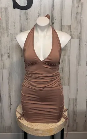 Tan Beige Deep V-Neck Ruched Drawstring Halter Backless Mini Dress XS thumbnail 1