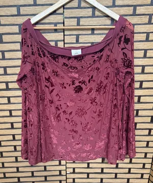 Knox Rose Burgundy Velvet Floral Off Shoulder‎ Top Size Large thumbnail 1