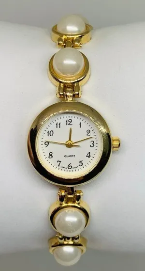 Vintage women’s watch faux pearls gold tone links 21mm quartz 7” running thumbnail 1