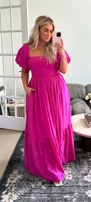 Abercrombie & Fitch Emerson Drama Puff Sleeve Bow Back Pink Maxi Dress Sz MP thumbnail 1