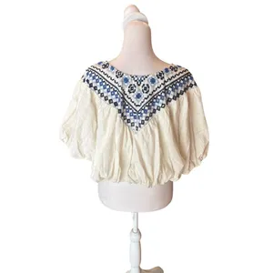 Free People Joni Top Boho Embroidered Puff Sleeve Cropped White Blue Women Small thumbnail 4