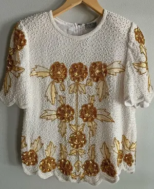 Vintage Silk Beaded Sequin Floral Top White Gold 80s Glam Party Blouse thumbnail 1