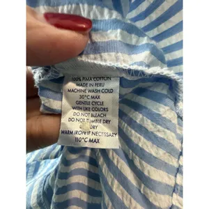 Lake Pajama Top Medium Blue White Stripe Seersucker 3/4 Sleeve Button #GGG8-1 thumbnail 3