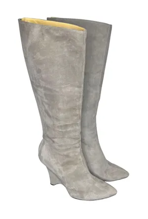Kate Spade Grey Suede Leather Knee High Curved Wedge Boots Size 7.5 thumbnail 1
