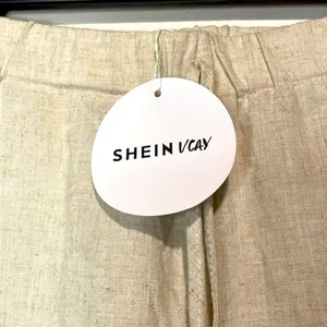 SHEIN- NWT Linen Blend Vcay Wide Leg Full Side Slit Beach Vacation Pants Size L thumbnail 4