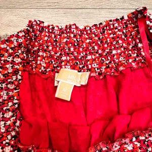 MICHAEL KORS Sangria Floral Smocked Ruffle‎ Off the Shoulder Dress Red Medium M thumbnail 4