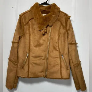 Wiya / Boutique Faux Suede Fur Full Zip Moto Jacket Camel Sz Medium thumbnail 1