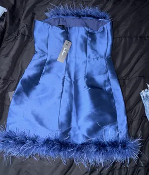 Lulu's Midnight Blue Strapless Feather Mini Dress size S thumbnail 2