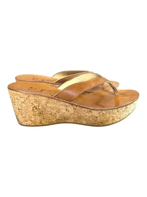 K. Jacques St. Tropez Cork Wedge Thong Sandals Brown Gold Leather EU 38 thumbnail 2
