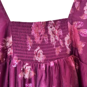 Wild Fable Short Dress SZ XL Burgundy Sheer Floral Smocking Short Puffy Sleeves thumbnail 7