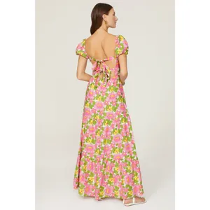 Show Me Your MuMu Cathy Pink Retro Floral Sweetheart Tie Back Puff Maxi Dress M thumbnail 3