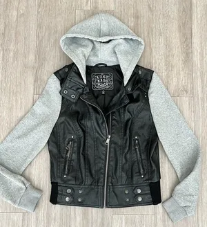 Last Kiss Y2K Black Leather Hybrid Gray Hooded Zip Moto Jacket Size Medium thumbnail 7