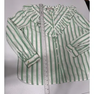 LOFT Green Striped Ruffle Long Sleeve Button Blouse M Cotton Top Peasant Modest thumbnail 12