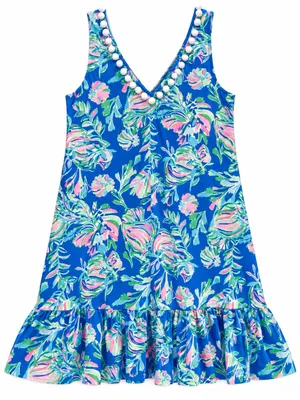 Lilly Pulitzer Camilla Swing Dress Womens L Blue Fancy Fins Pom Pom V-Neck thumbnail 4