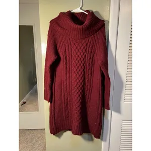 Banana Republic Women's Sz Large Sweater Dress Cowl Neck Burgundy Cableknit Wool thumbnail 2