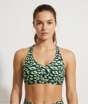 Aerie Sports Bra Womens L OFFLINE Goals Plunge Leopard Print Deep Forest Green thumbnail 1