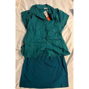 Sundry Anthropologie Cinched Waist‎ Mini Dress Teal Blue Cotton NWT Large Preppy thumbnail 5