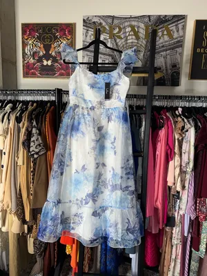 Lulus Sweet Composure Blue Floral Organza Off Shoulder Midi Dress Medium New NWT thumbnail 8