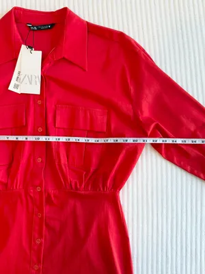 Zara Red Poplin Mini Shirt Dress with Long Sleeves NWT thumbnail 7