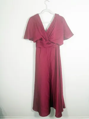 Azazie Pamela Burgundy Red A-Line Pleated Stretch Satin Dress thumbnail 6