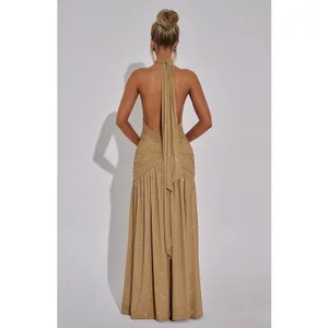 NWT Babyboo Melania Gold Sparkle Ruched Halter Plunge V-Neck Maxi Dress Size M thumbnail 4