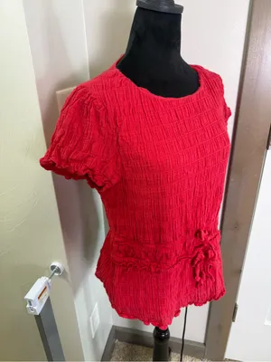 Bohme Anya Textured Short Sleeve Blouse Top Red‎ Cotton Scoop Neck Tie Detail thumbnail 3