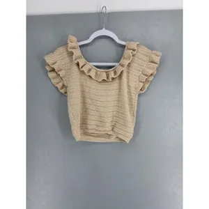 H&M Womens Sweater Top Beige Ruffle Neck Short Sleeve Knit Medium thumbnail 3