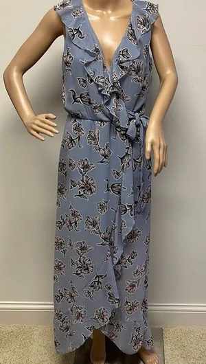 Japna Blue Pink Floral Maxi Faux Wrap Dress Lined to above the knee size M thumbnail 1