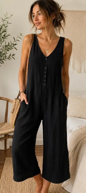 Free People Black Sleeveless V-Neck Button-Front Wide-Leg Jumpsuit Size s/m thumbnail 1