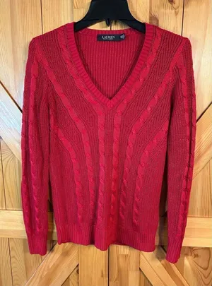 Lauren Ralph Lauren Cable-Knit V-Neck Sweater Lipstick Red Size XS (0961) thumbnail 1