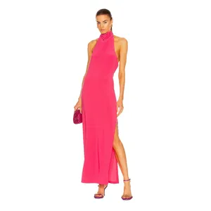 Norma Kamali Halter Turtleneck Side Slit Maxi Dress Size XS Coral Jersey Stretch thumbnail 3